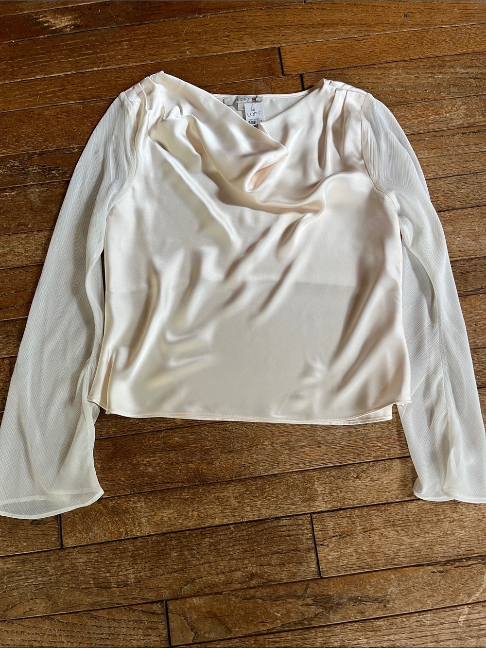 LOFT Ivory Satin Cowl Neck Long Sleeve Blouse